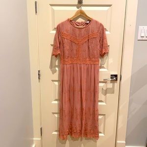 NWOT Beautiful Boho dress by Polagram. Mauve lace overlay with silk lining.